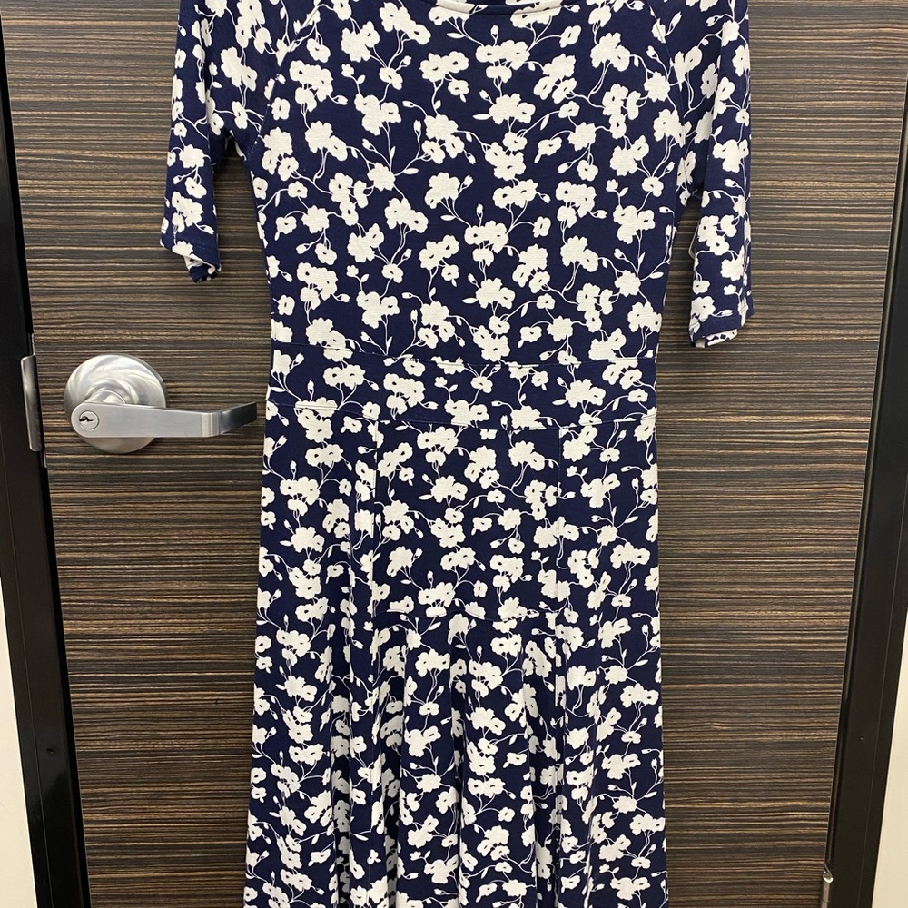 Lands' End Blue and White A-Line Dress 3/4 Sleeve Crew Neck